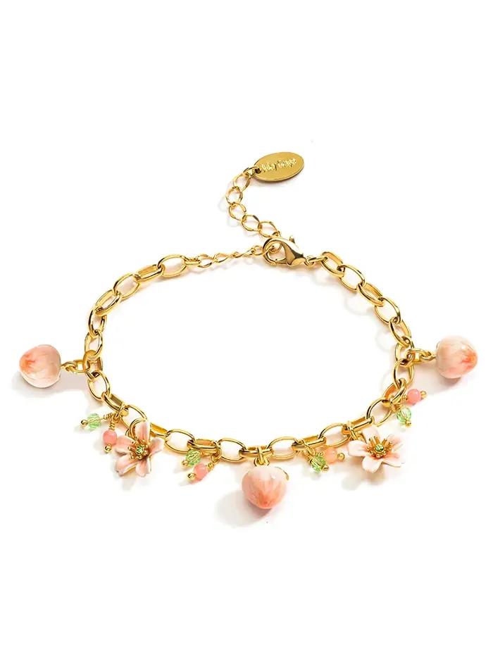Bracelet Pêche et Fleur de Pêche Style Français Original en Or Plaqué pour Femmes Occasions Spéciales
