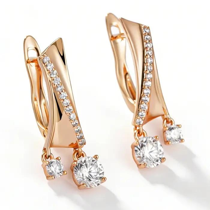 Kinel Nouvelle Tendance Boucles d'oreilles pendantes couleur or rose 585 pour femme, avec zircon nat