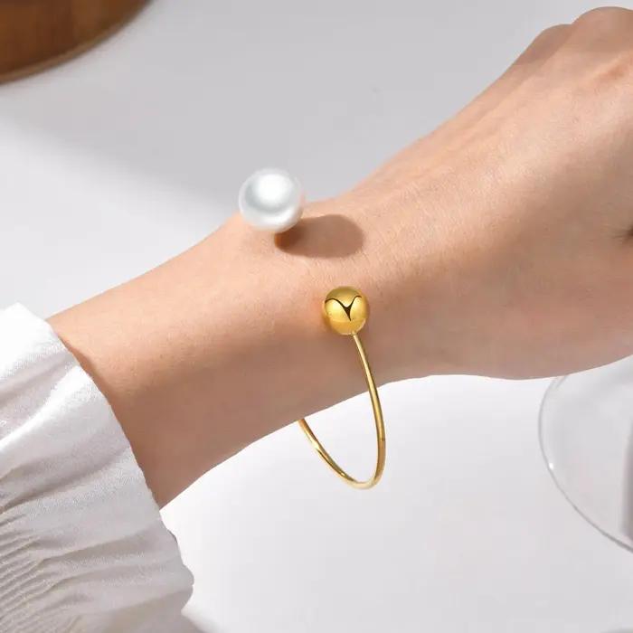 Bracelets en acier inoxydable plaqué or pour femme, boule de perle simulée, bracelet de poignet mini