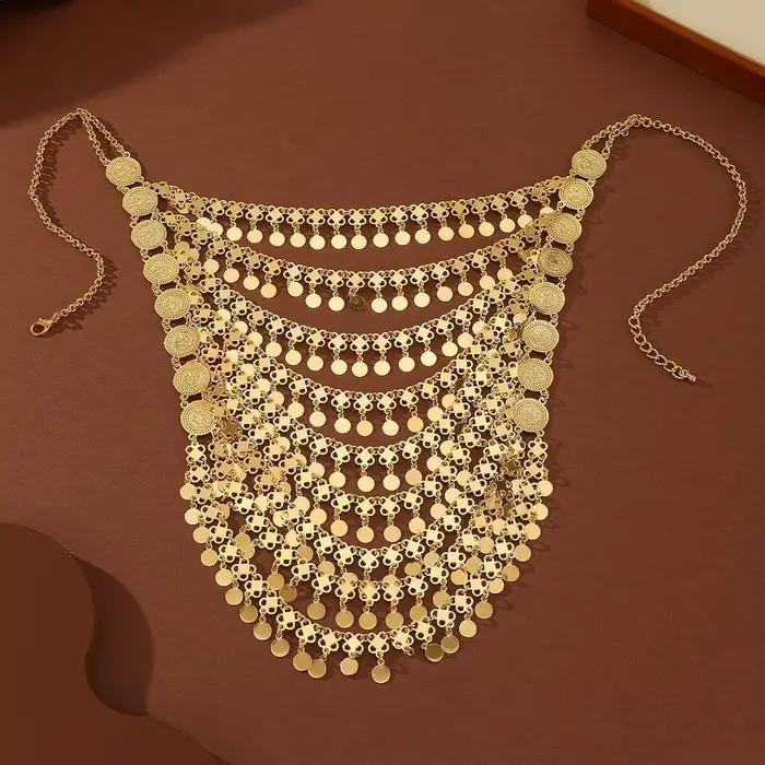 Collier Statement Multicouche en Métal Doré Style Arabe avec Pendentif Monnaie et Pompon