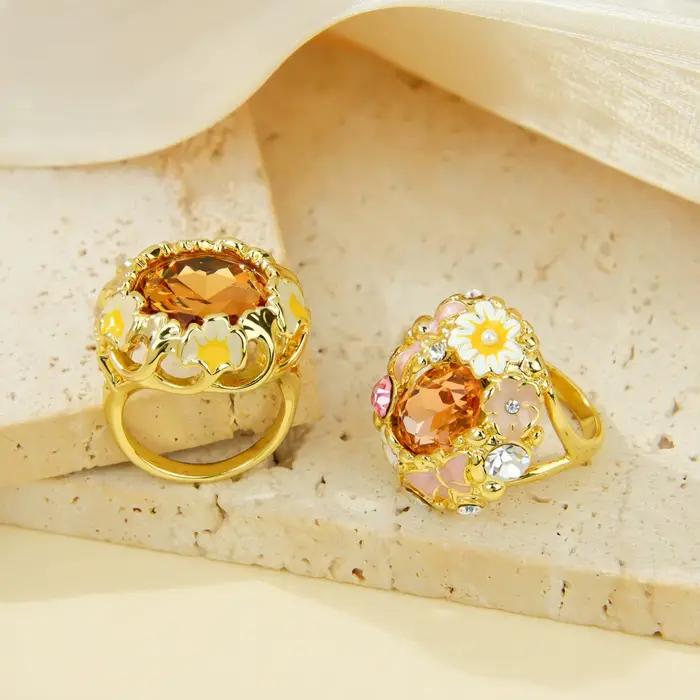 Bagues Chunky de Luxe Émaillées en Cristal, Bague Cocktail en Zirconia 14k Style Européen, Bijoux Originaux Vintage de Haute Qualité pour Femme