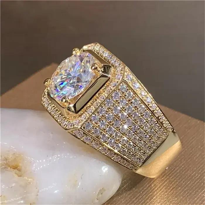 14K or Solitaire mâle 2ct laboratoire diamant Moissanite bague couleur argent bijoux fiançailles alliance anneaux pour hommes cadeau