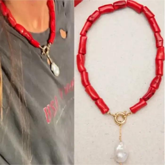 Collier avec pendentif en perles d'eau douce naturelles baroques, corail rouge, court pour femmes, bijoux bohème à la mode, ras du cou d'amitié, 2022