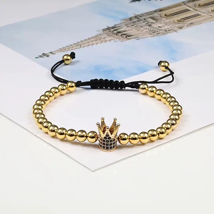 Bracelet de perles de couple pour hommes et femmes, bracelets tressés Micro CZ Crown, bracelets réglables, bijoux à la main pour lui, cadeaux d'amoureux de bricolage, nouveau