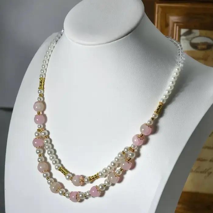 Collier à double rangée avec chaîne de perles en cristal rose