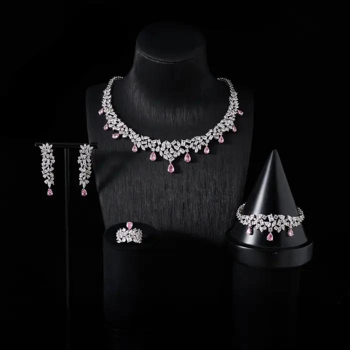Ensemble de bijoux de luxe couleur jaune fantaisie en zircone cubique plaqué rhodium pour femmes occasions spéciales collier boucles doreilles bague bracelet