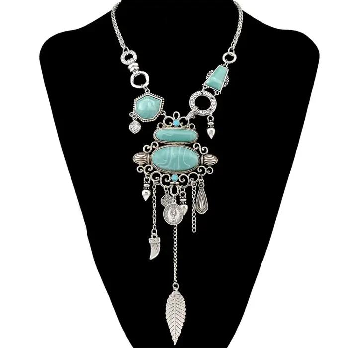 Collier bohème Femme gland Maxi pièce de monnaie cou chaîne turc vert pierre pendentif femmes bavoir