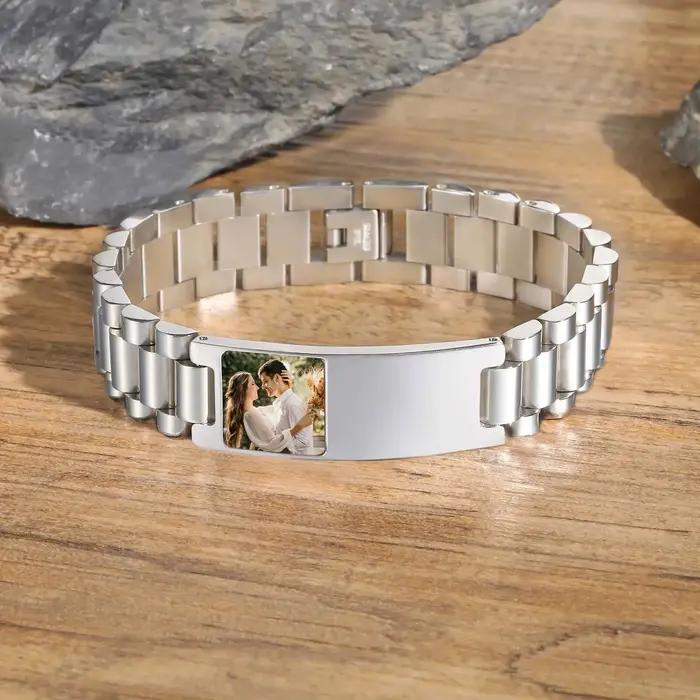 Bracelet personnalisé en acier inoxydable avec photo et identification pour homme occasions spéciales cadeau pour grand-père père frère