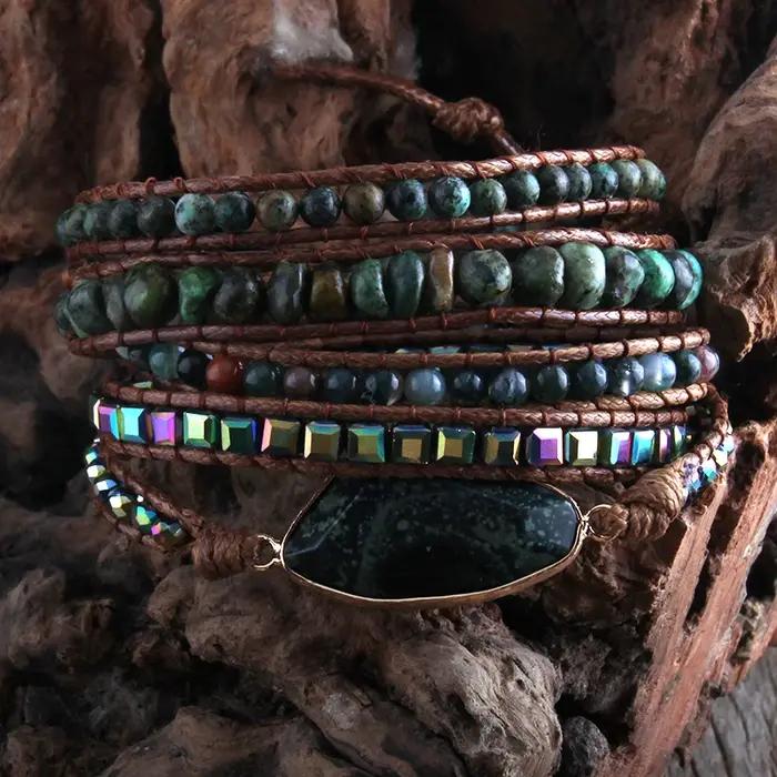 RH mode Boho Bracelet africain Turqu pierres naturelles herbe vert charme 5 brins tissé Bracelets d'enveloppement cadeau livraison directe
