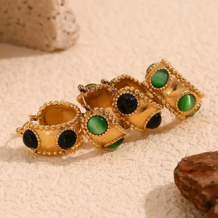 Boucles d'Oreilles Créoles Rétro en Acier Inoxydable 316L avec Bordure Perlée en Agate Plaquée Or 18 Carats Bijoux Étanches Pour Femme Usage Quotidien Occasions Spéciales