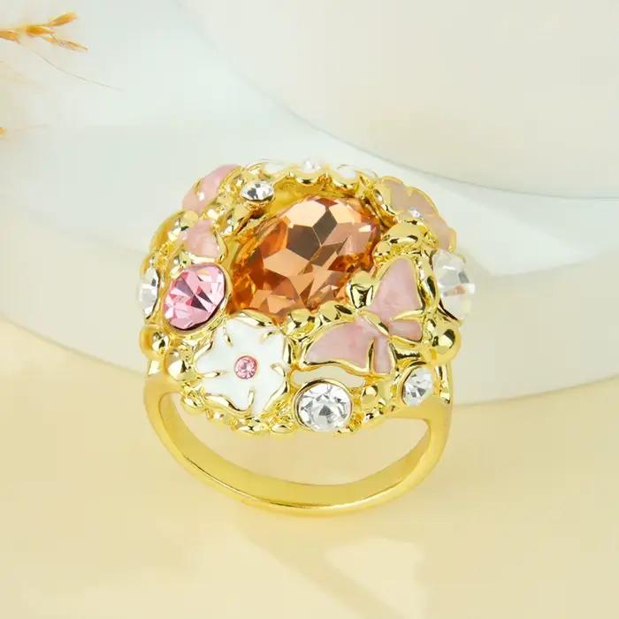 Bagues Chunky de Luxe Émaillées en Cristal, Bague Cocktail en Zirconia 14k Style Européen, Bijoux Originaux Vintage de Haute Qualité pour Femme
