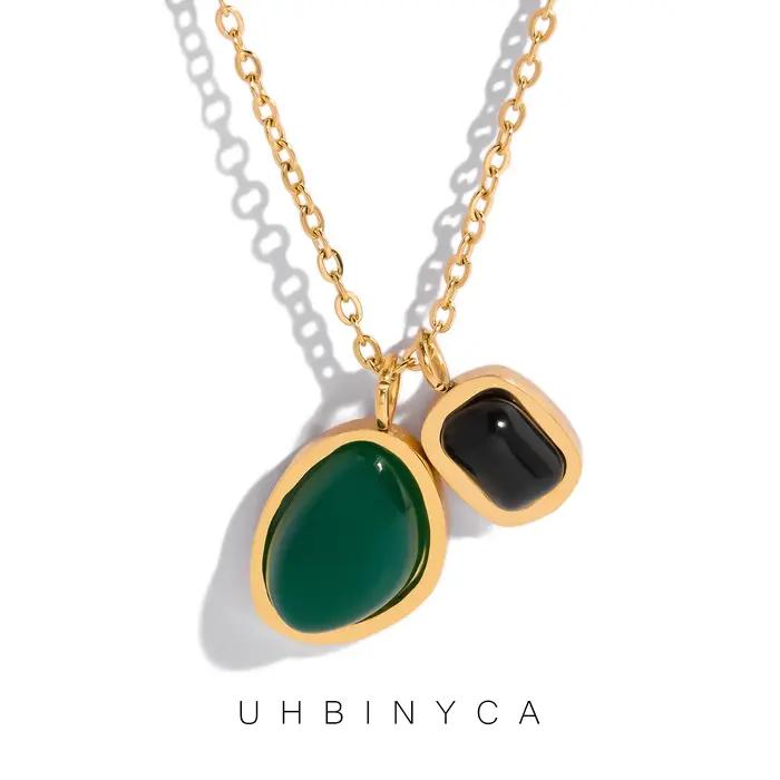 Collier à double pendentif en pierre précieuse émeraude et noire pour femmes