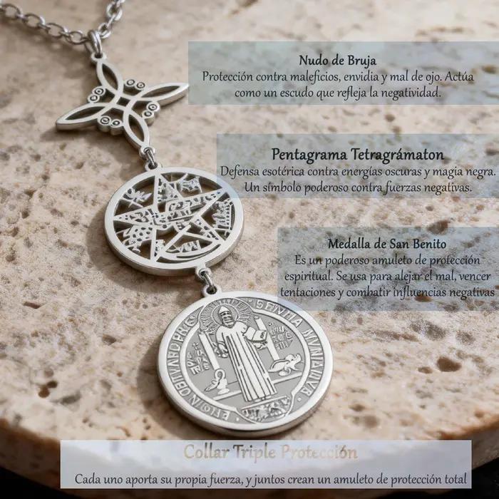 Collier Triple Protection avec Nœud de Sorcière Pentagramme Tétragrammaton Saint Benoit Symbole Spirituel Acier Inoxydable Amulette Bijoux Occasions Spéciales
