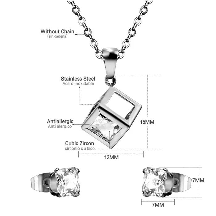 Ensemble de bijoux en acier inoxydable pour femmes, collier et boucles d'oreilles avec zirconium cub