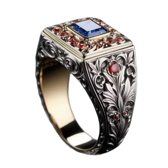 Nouvelle bague en alliage écologique - Design rétro luxueux bicolore électro-plaqué, diamant coloré, accessoire de mode pour femmes