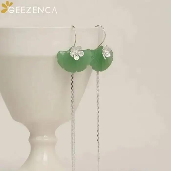 GEEZENCA Aventurine feuille de Ginkgo 925 argent fleur longue gland balancent boucles d'oreilles femmes délicat à la mode déclaration boucle d'oreille cadeau
