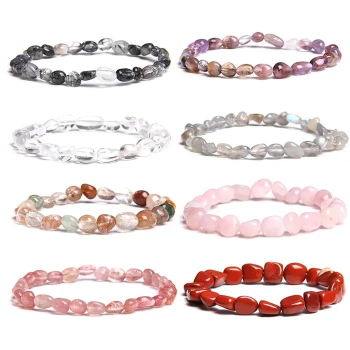 Lady Lucky Natural Pebble Noir Violet Quartz Écrasé Rose Blanc Cristal Gris Labradorite Perle Bracelet Cadeau Amis