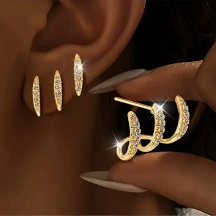 Boucles d'oreilles élégantes à trois griffes en strass pour femmes