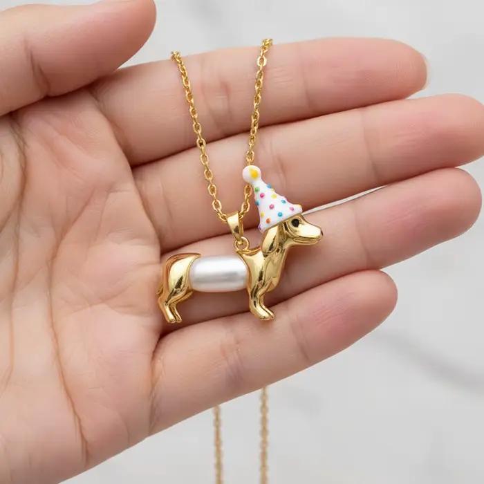 Collier Chien de Dessin Animé pour Femme et Fille, Collier Chien Mignon avec Chapeau de Fête et Perles, Nouveau Collier Chaîne Tendance, Bijou Accessoire Cadeau