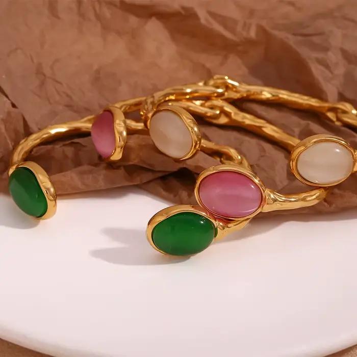 E.B.belle – Bracelet ovale en pierre naturelle, ouvert, irrégulier, en cristal d'agate verte, plaqué or 18 carats, en acier inoxydable, pour femmes