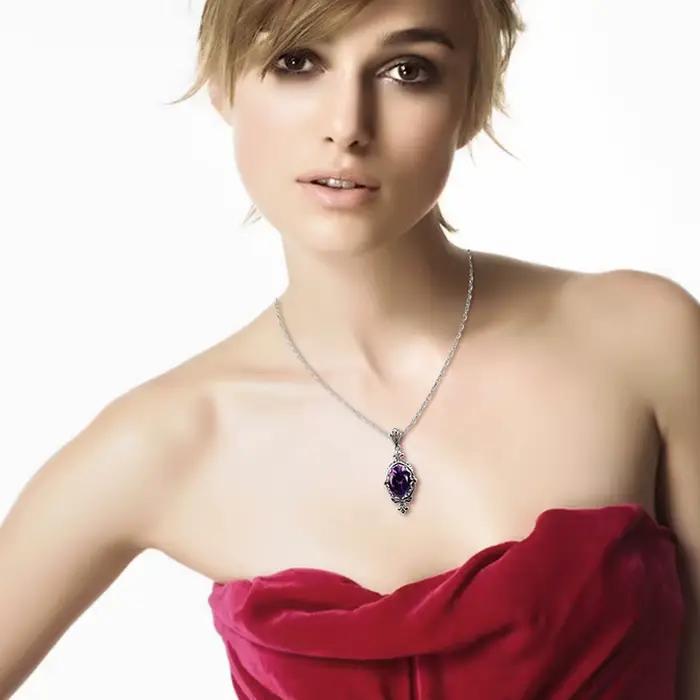 Collier Pendentif Classique pour Femmes en Argent 925 Serti d'Améthyste Cadeau de Fête d'Anniversaire Bijoux Vintage de Luxe de Qualité