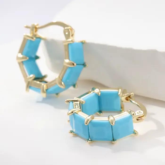 Boucles d'oreilles classiques à carreaux Turquoise pour femmes, Vintage, élégantes, plaquées or, accessoires de bijoux, cadeaux de fête exquis