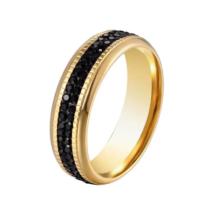 Bague en acier inoxydable plaquée or 18 carats sertie de zircone noire alliance de mariage pour femme occasions spéciales