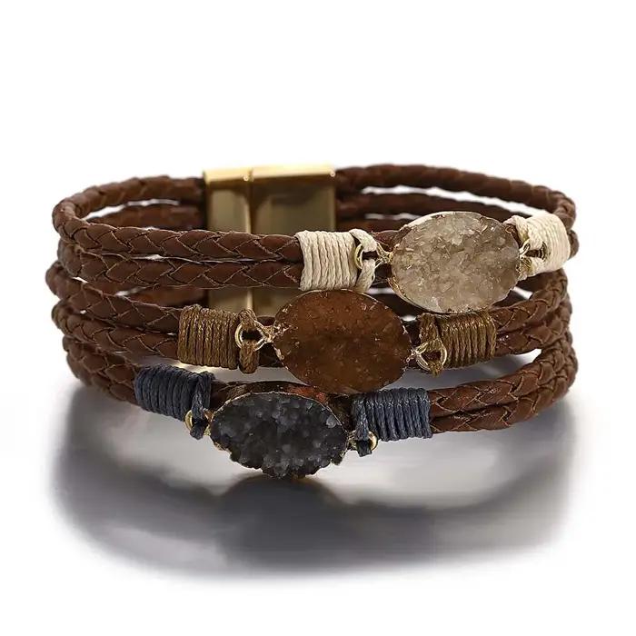 ALLYES Vintage pierres naturelles Bracelet en cuir pour femmes hommes Boho tressé à la main multicouche enroulement Bracelets bijoux
