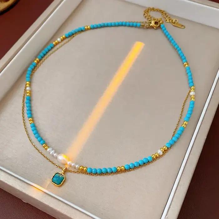 Collier double couche en or 18 carats plaqué turquoise avec perles imitation perles pour femmes occasions spéciales soirée anniversaire mariage