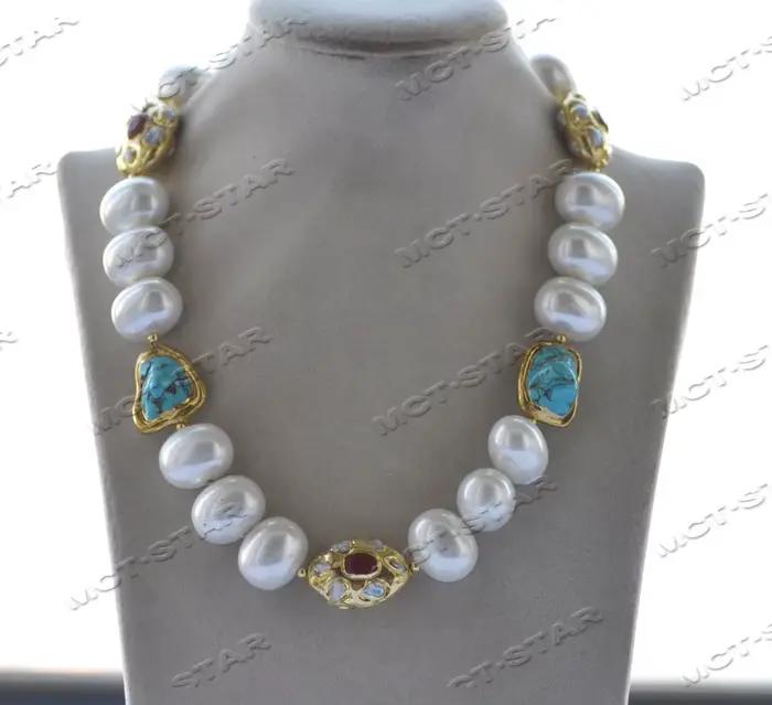 MTC · STAR Z12400 20 ''26mm Agate rouge bleu Turquoise plaqué or collier de perles de coquillage blanc