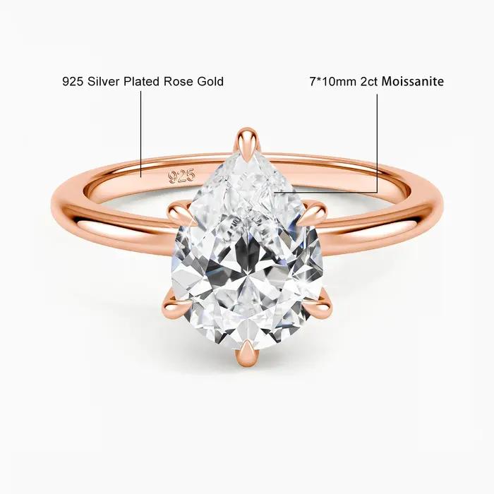 Bague Solitaire en Or Massif 14K Rempli de Moissanite Diamant 2CT Coupe Poire D VVS1 Au585 pour Femme Bijou de Fiançailles Minimaliste