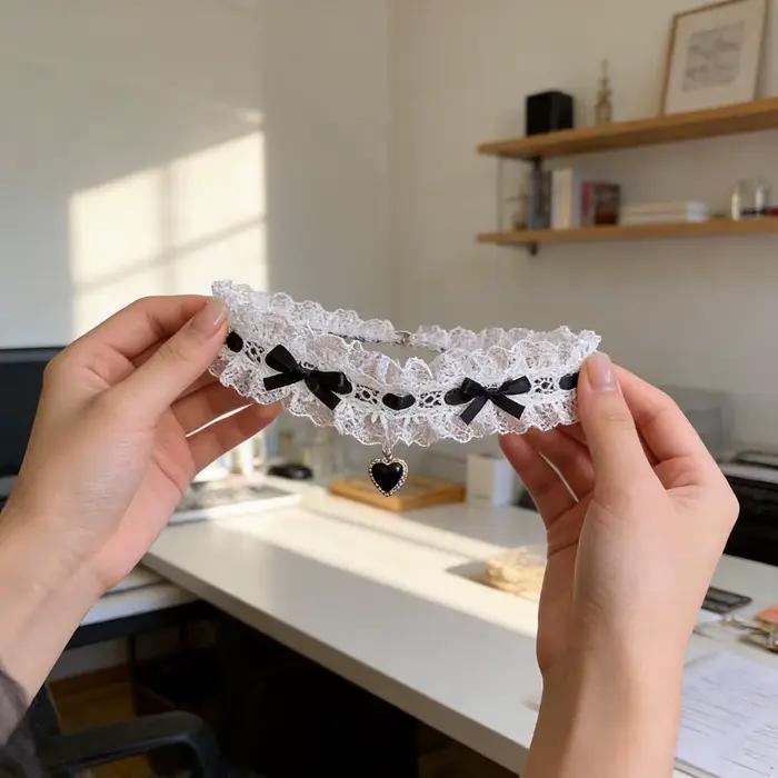 Collier ras du cou élégant en dentelle blanche avec nœud perlé, collier en dentelle tridimensionnel féminin pour rendez-vous, thé Lolita