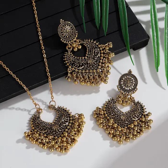 Ensemble de bijoux vintage rétro indiens perles rondes boucles doreilles pompons collier pour femmes occasions spéciales mariage anniversaire cadeau fête quotidienne