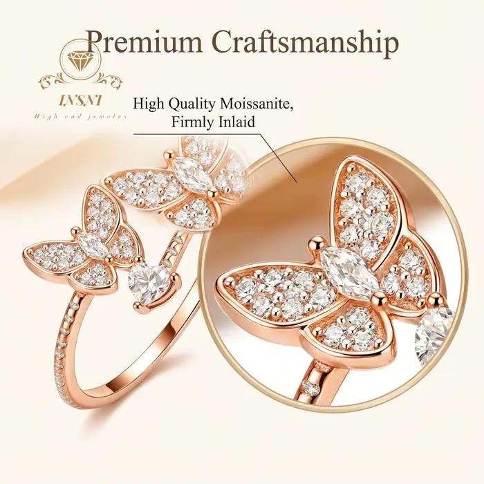 Bague en argent sterling S925 avec moissanite, motif papillon et cœur, ouverte et polyvalente, bijou de luxe léger et abordable, idéale pour le quotidien