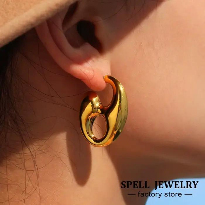 Boucles d'oreilles creuses en forme de grain de café, en acier inoxydable plaqué or 18 carats, imperméables, ne ternit pas, grosses boucles d'oreilles pendantes pour femmes