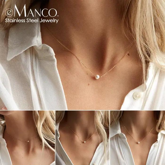 Collier ras du cou en acier inoxydable EManco avec perles imitées pour femmes, couleur or, collier à chaînes superposées, bijoux