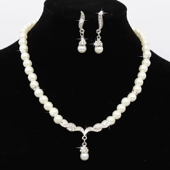3 pièces/ensemble femmes mariée élégante fête de mariage perle strass collier boucles d'oreilles ensemble de bijoux nouvelle mode