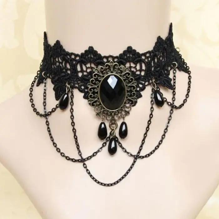 Nouveau Sexy gothique Sautoirs cristal noir dentelle cou collier ras du cou Vintage victorien femmes Chocker Steampunk bijoux