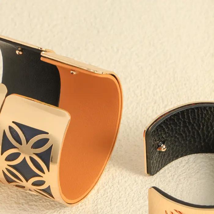 Bracelet de manchette en cuir et cuivre à motif géométrique symétrique double face pour femme