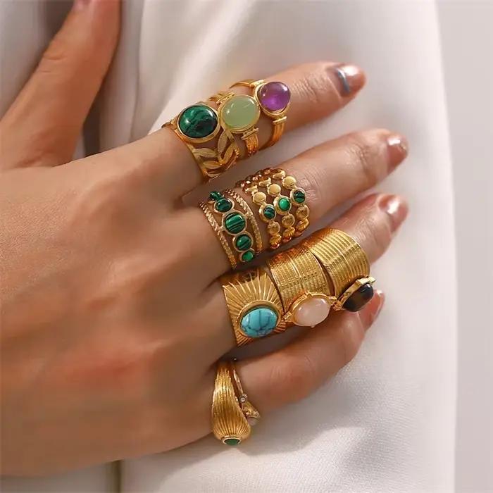 Bague en pierre plaquée or pour femme, matiques ouvertes réglables, bijoux bohèmes vintage, cadeau d'anniversaire, nouveau design, mode 2024