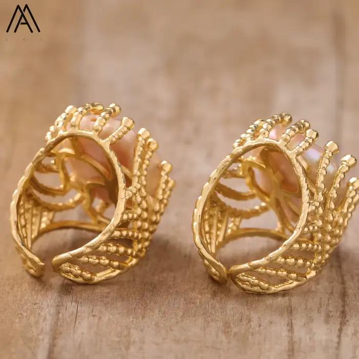 Bague de fiançailles en perle naturelle plaquée or, bande réglable, ensemble de zircone tendance, bijoux exquis, cadeau romantique, bague pour femme