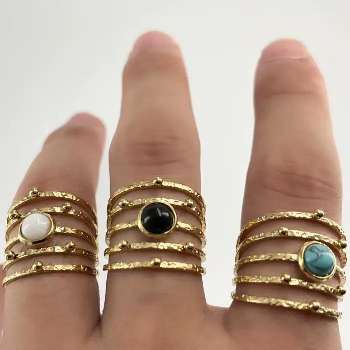 Bague ouverte en pierre naturelle bohème plaquée or turquoise pour femme, avec incrustations en acier inoxydable, pour occasions spéciales et tenues de tous les jours