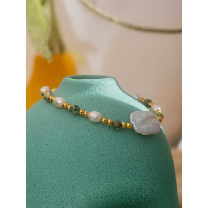 Yhpup luxe Baroque naturel Epidote pierre perles d'eau douce à la main en acier inoxydable perles Bracelet Bracelet PVD bijoux femmes