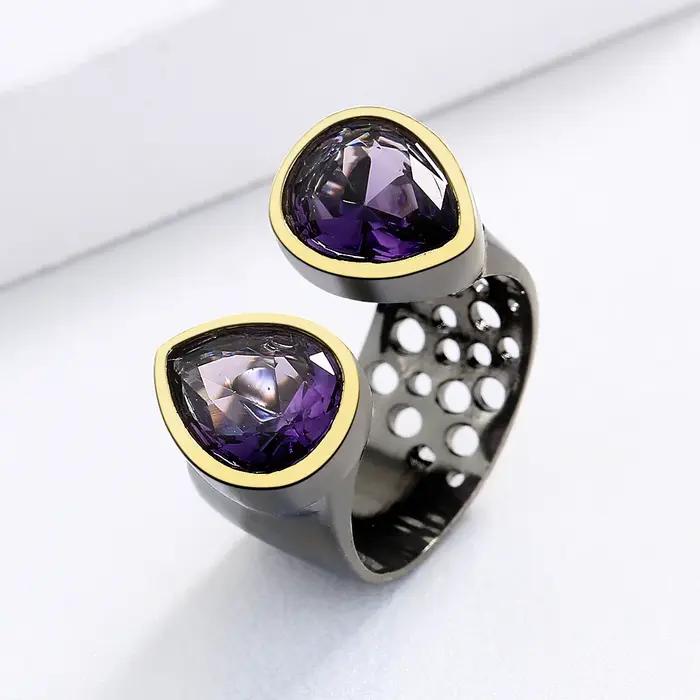 Bague vintage pour femmes en zirconium violet goutte d'eau or noir ouverture réglable engagement soirée élégance style unique