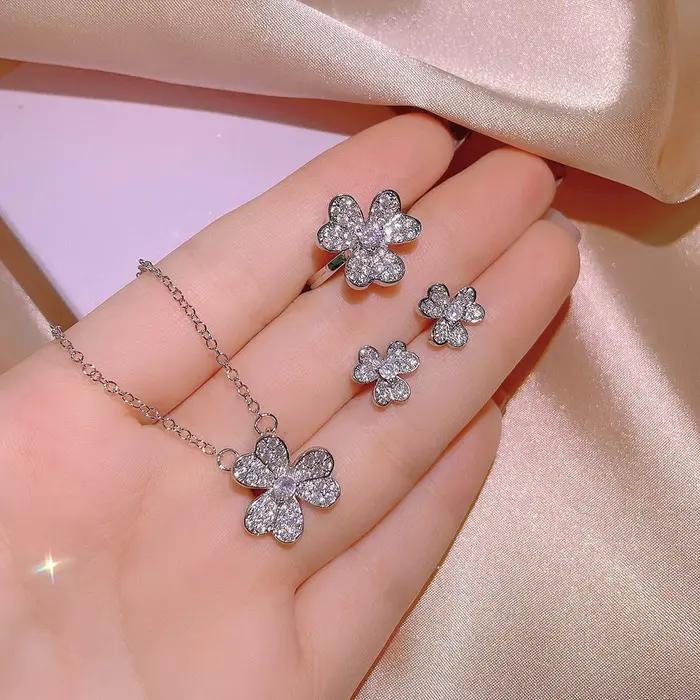 925 femmes ensemble de bijoux mode AAA brillant Zircon fleur collier bague boucle d'oreille dame trèfle