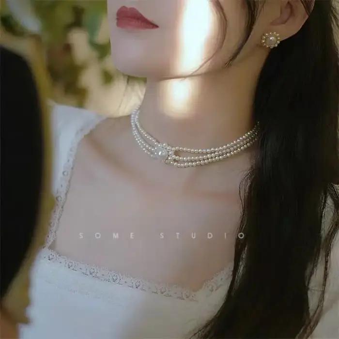 Ensemble de colliers de perles faits à la main, chaîne de clavicule Vintage élégante pour femmes, pe