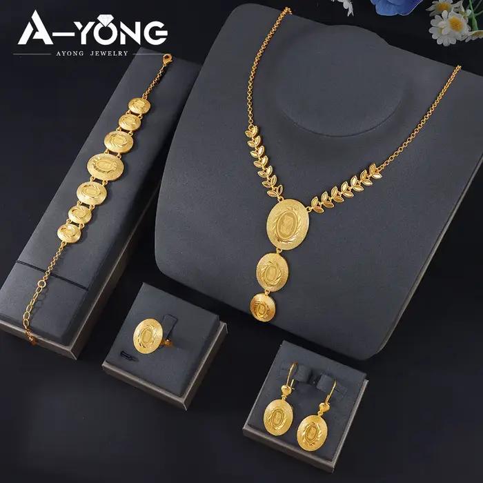 Ensemble de bijoux en or 24 carats pour femme style arabe collier boucles d'oreilles bague bracelet pour mariage et occasions spéciales