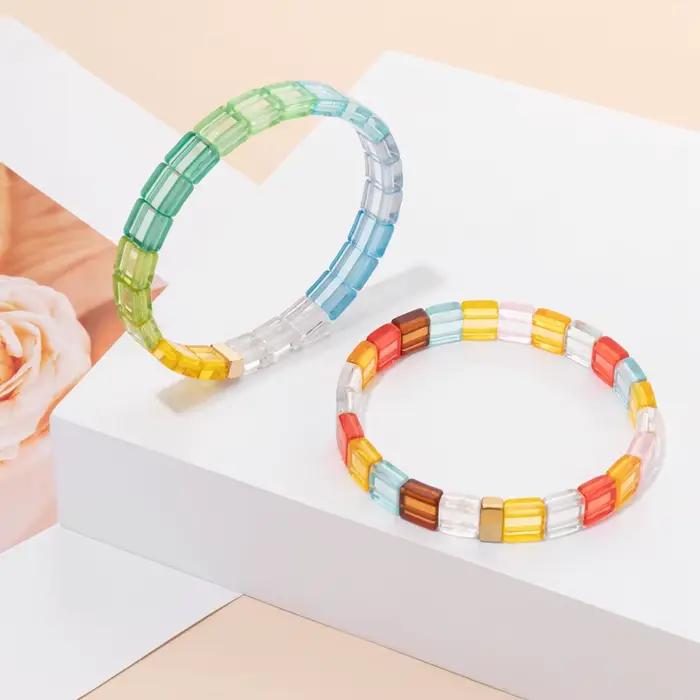 Bracelets artificiel astiques en Perles Carrées de 8mm pour Femme, Bijoux Extensibles, Style Boho, Transparents et Colorés, Nouveau Design 2023