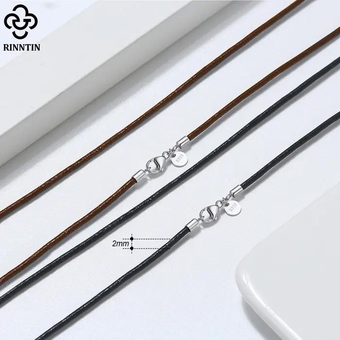 Rinntin véritable italien 2mm marron cuir cordon chaîne collier pour femmes hommes avec 925 en argen