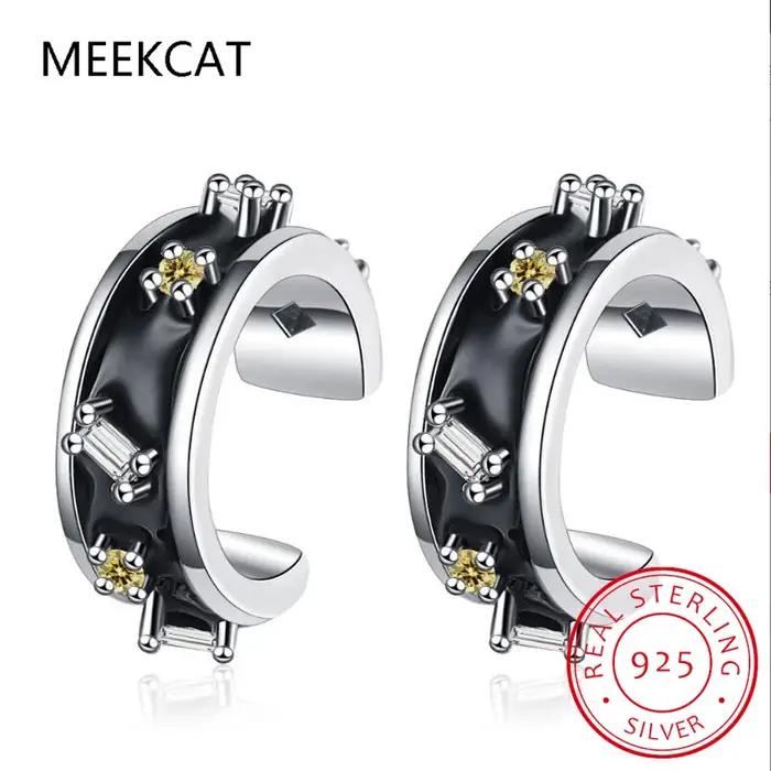 Boucle d'oreille clip en argent regardé 925 pour fille, émail noir, manchette d'oreille, bijoux rond